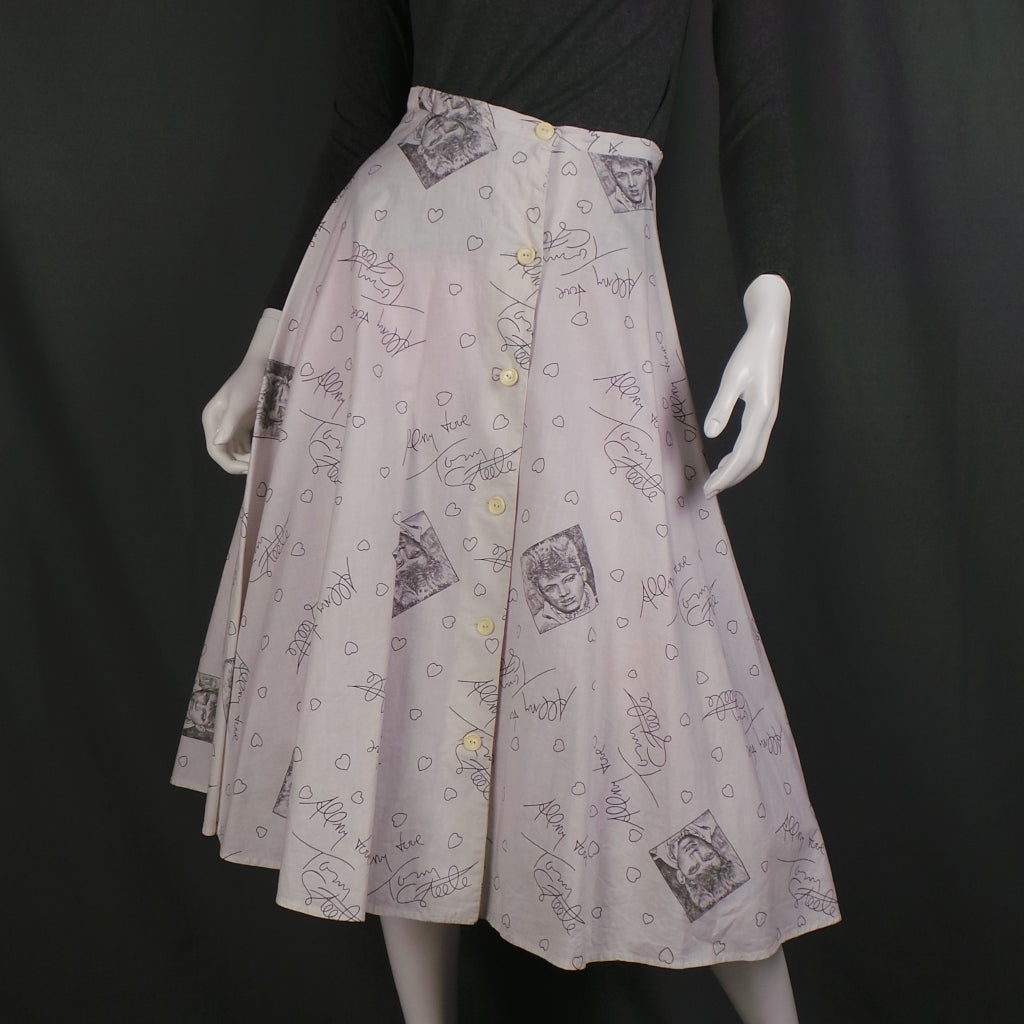 1950s White Rare Tommy Steele Rock and Roll Novelty Print Full Skirt, by Teddy Tinling, 26in Waist