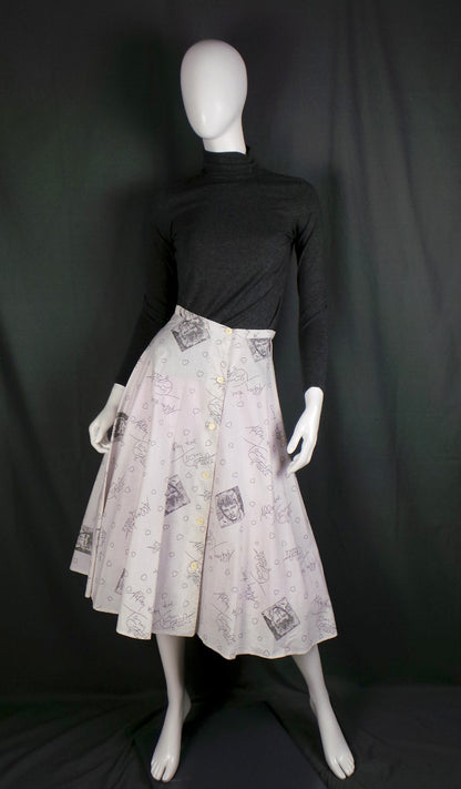 1950s White Rare Tommy Steele Rock and Roll Novelty Print Full Skirt, by Teddy Tinling, 26in Waist