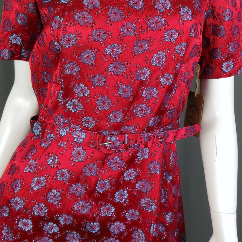 1950s Red Floral Brocade Dress | M