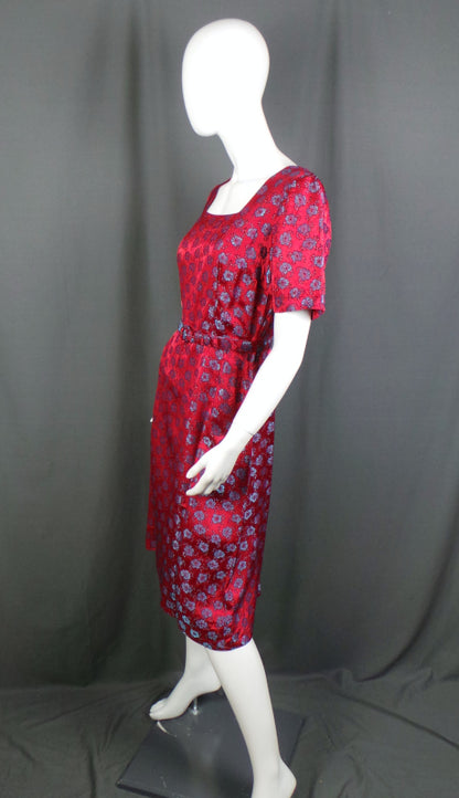 1950s Red Floral Vintage Brocade Dress