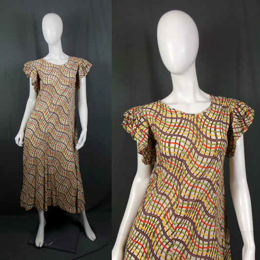 1930s Frill Sleeve Orange, Yellow and Green Feed Sack Loose Dress, 36in Bust