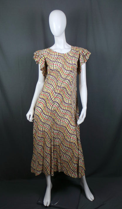 1930s Frill Sleeve Orange Vintage Loose Dress