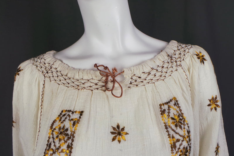 1960s Cream Boho Cheesecloth Top with Golden Star Embroidery, 36in bust