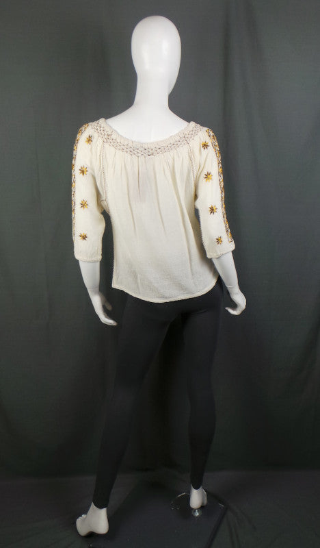 1960s Cream Cheesecloth Embroidered Top | S