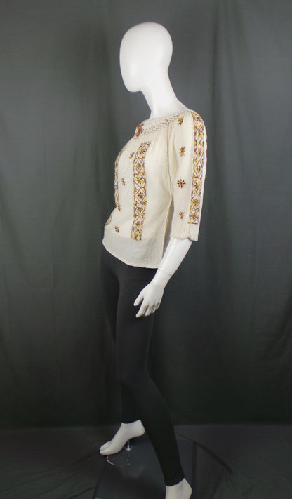 1960s Cream Cheesecloth Embroidered Top | S
