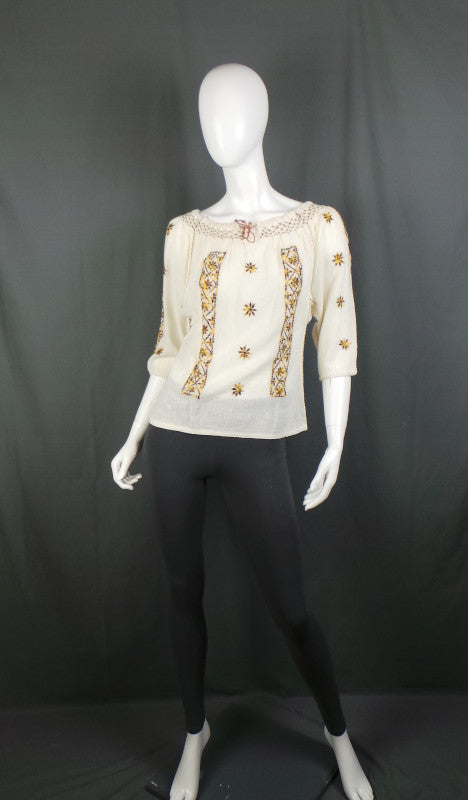 1960s Cream Boho Cheesecloth Top with Golden Star Embroidery, 36in bust