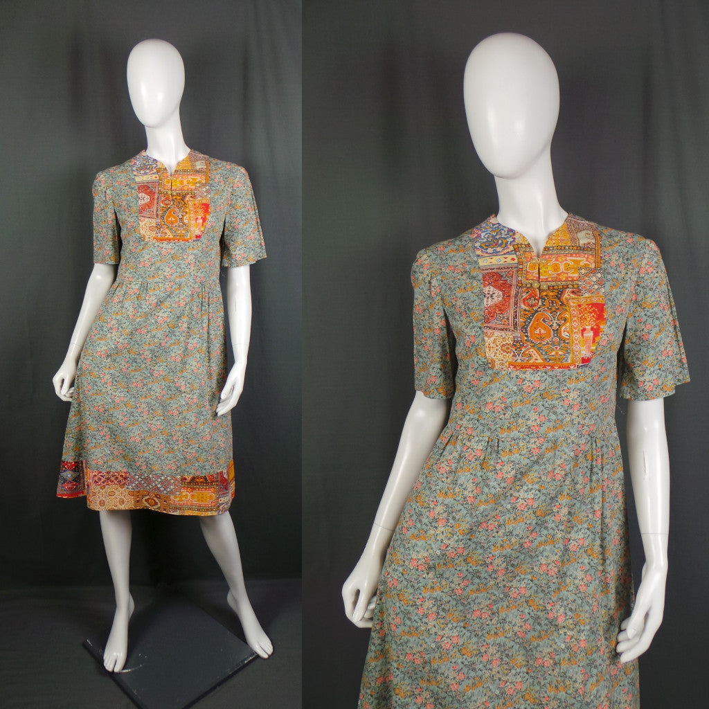 1960s Clashing Ditsy Floral and Indian Print Cotton Day Dress, 40in Bust
