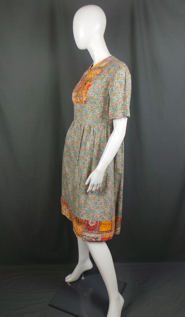 1960s Ditsy Floral and Indian Print Vintage Cotton Dress
