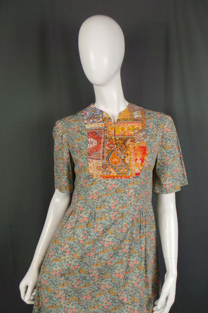 1960s Clashing Ditsy Floral and Indian Print Cotton Day Dress, 40in Bust