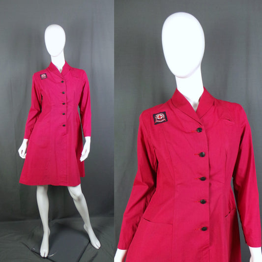 1950s Dusky Red Long Sleeve British Red Cross Nurse Uniform Dress with Voluntary Aid Badge, 40in Bust