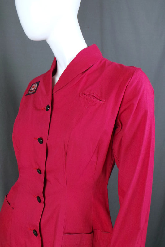 1950s Dusky Red Long Sleeve British Red Cross Nurse Uniform Dress with Voluntary Aid Badge, 40in Bust
