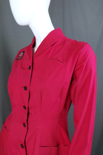 1950s Dusky Red Long Sleeve British Red Cross Nurse Uniform Dress with Voluntary Aid Badge, 40in Bust