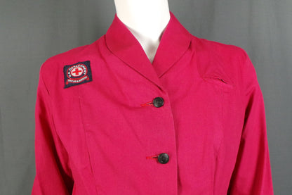 1950s Dusky Red Long Sleeve British Red Cross Nurse Uniform Dress with Voluntary Aid Badge, 40in Bust