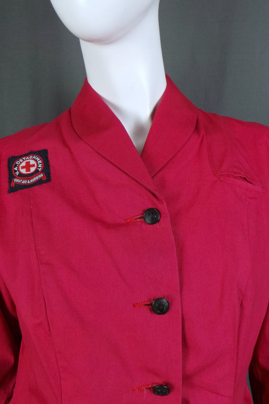 1950s Dusky Red Long Sleeve British Red Cross Nurse Uniform Dress with Voluntary Aid Badge, 40in Bust