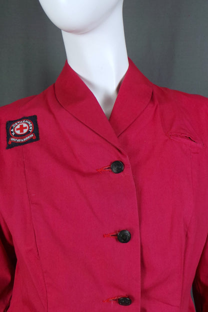 1950s Dusky Red Long Sleeve British Red Cross Nurse Uniform Dress with Voluntary Aid Badge, 40in Bust