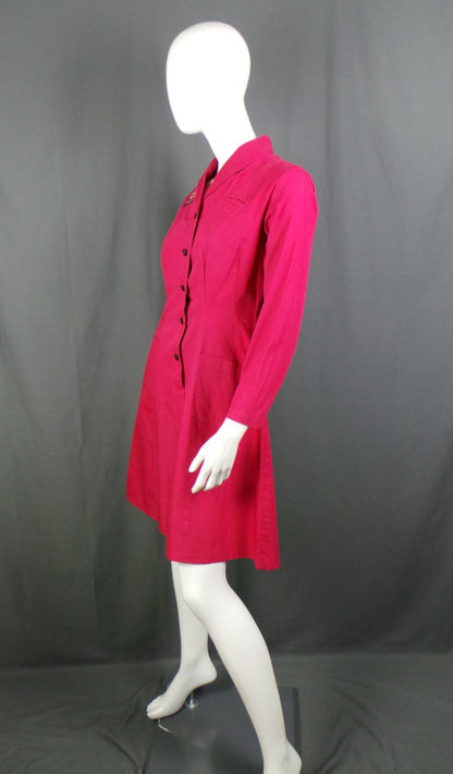 1950s Dusky Red Long Sleeve British Red Cross Nurse Uniform Dress with Voluntary Aid Badge, 40in Bust
