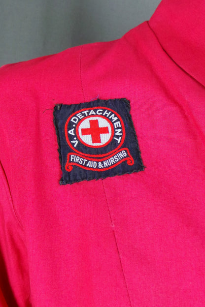 1950s Dusky Red Long Sleeve British Red Cross Nurse Uniform Dress with Voluntary Aid Badge, 40in Bust