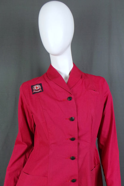 1950s Dusky Red Long Sleeve British Red Cross Nurse Uniform Dress with Voluntary Aid Badge, 40in Bust