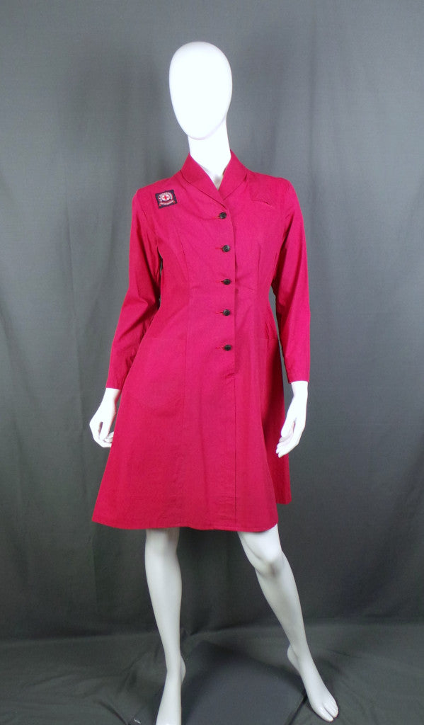 1950s Dusky Red Long Sleeve British Red Cross Nurse Uniform Dress with Voluntary Aid Badge, 40in Bust