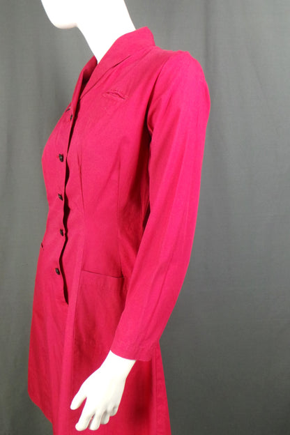 1950s Dusky Red Long Sleeve British Red Cross Nurse Uniform Dress with Voluntary Aid Badge, 40in Bust
