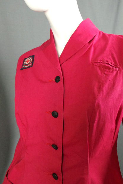 1950s Dusky Red Long Sleeve British Red Cross Nurse Uniform Dress with Voluntary Aid Badge, 40in Bust