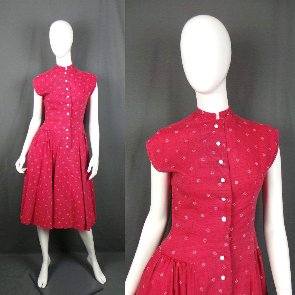 1940s Light Maroon and White Print Pleated Hip Cotton Dress, 36in Bust