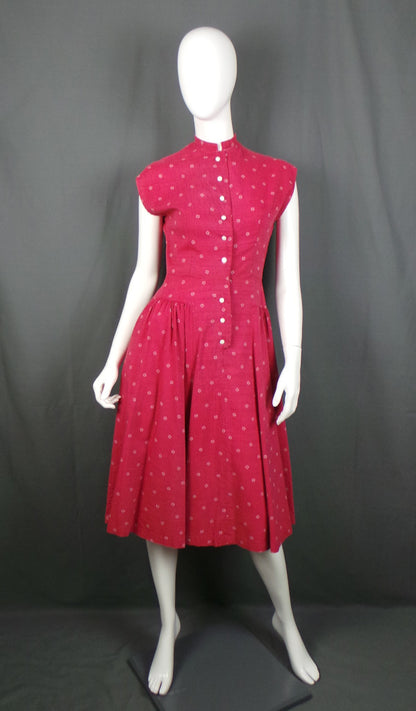 1940s Light Maroon and White Print Pleated Hip Cotton Dress, 36in Bust