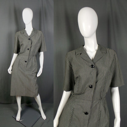 1950s Grey Seersucker Vintage Shirtwaister Dress, By Edward Barry