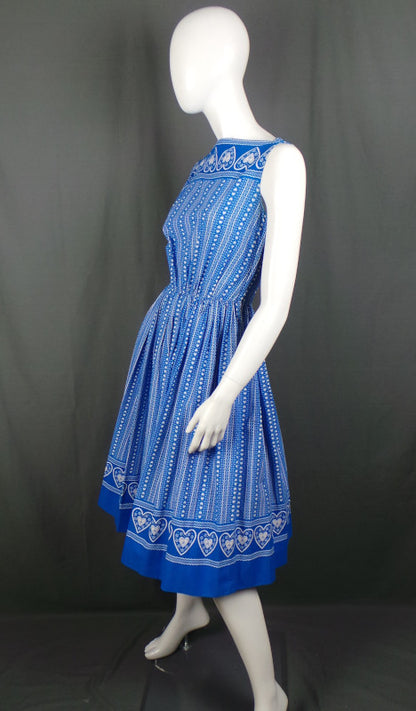 1950s Cobalt Blue Swiss Heart Boat Neck Dress, by Magg, 36in Bust