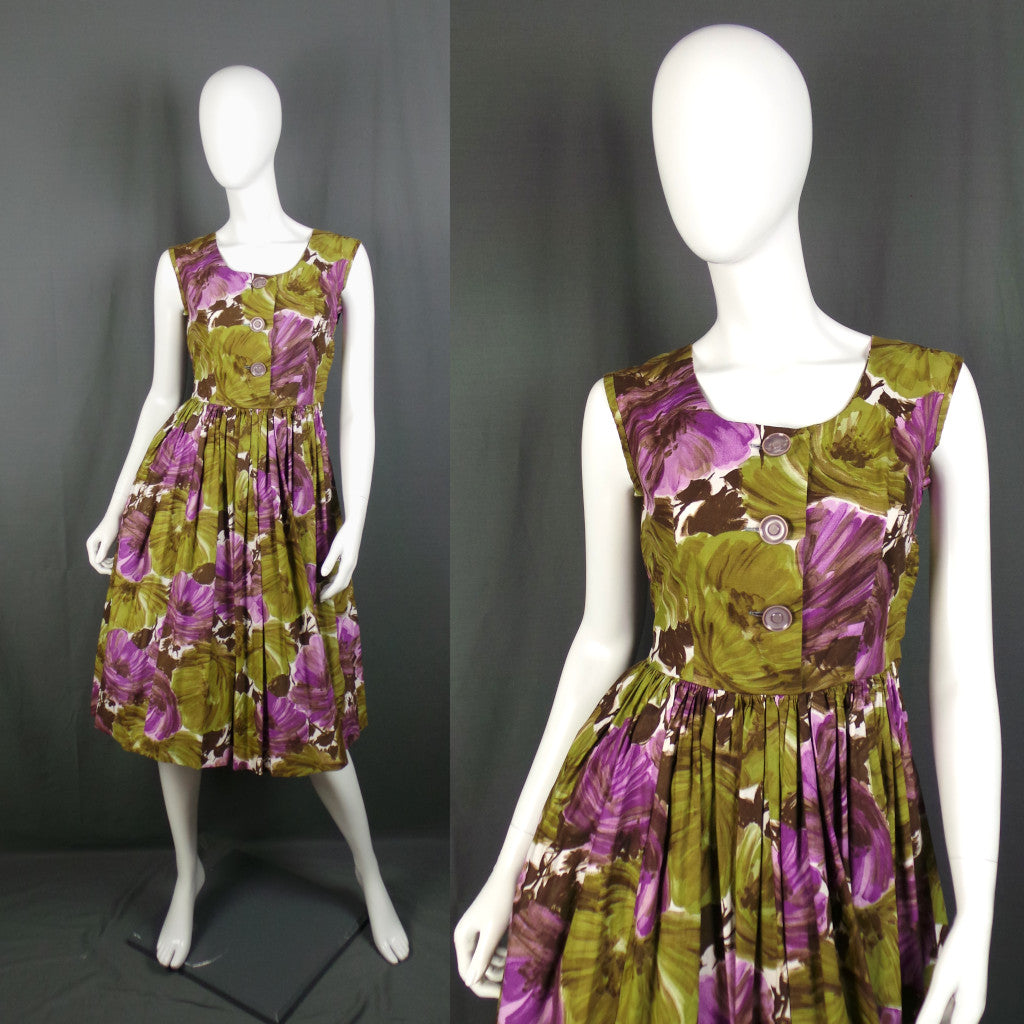 1950s Purple and Green Floral Bow Vintage Dress | Cavendish