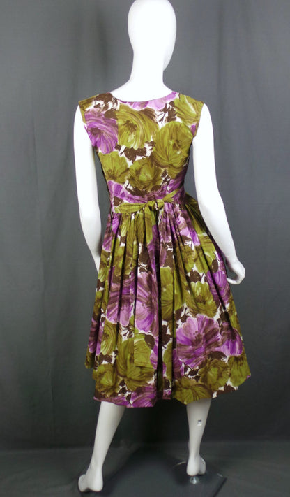 1950s Purple and Green Floral Bow Vintage Dress | Cavendish