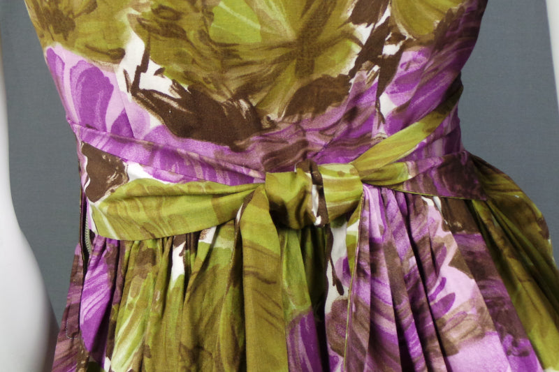 1950s Purple and Green Floral Bow Dress | Cavendish | S