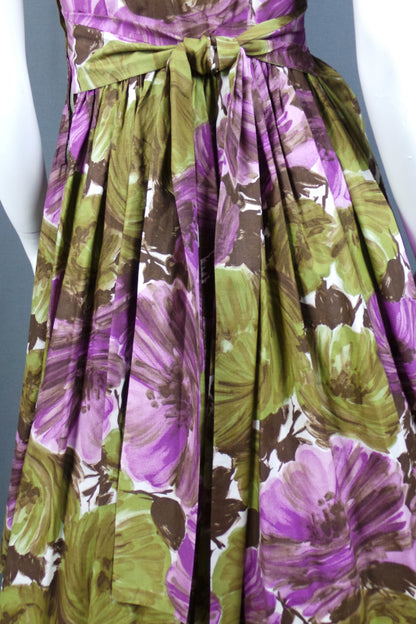 1950s Purple and Green Floral Bow Dress | Cavendish | S