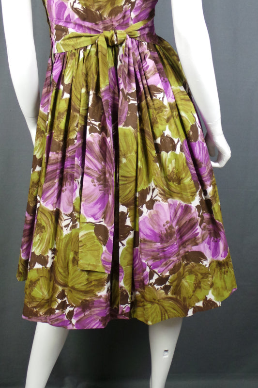 1950s Purple and Green Floral Bow Dress | Cavendish | S