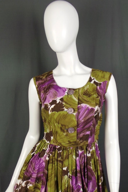 1950s Purple and Green Floral Bow Dress | Cavendish | S