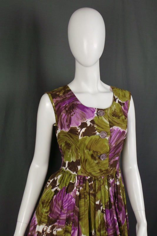 1950s Purple and Green Floral Bow Dress | Cavendish | S