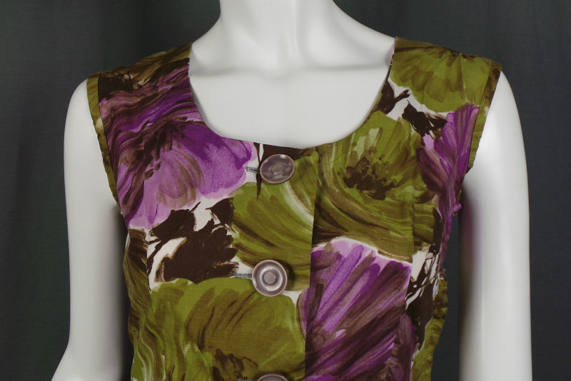 1950s Violet Purple and Sage Green Large Floral Bow Back Dress, by Cavendish, 36in Bust