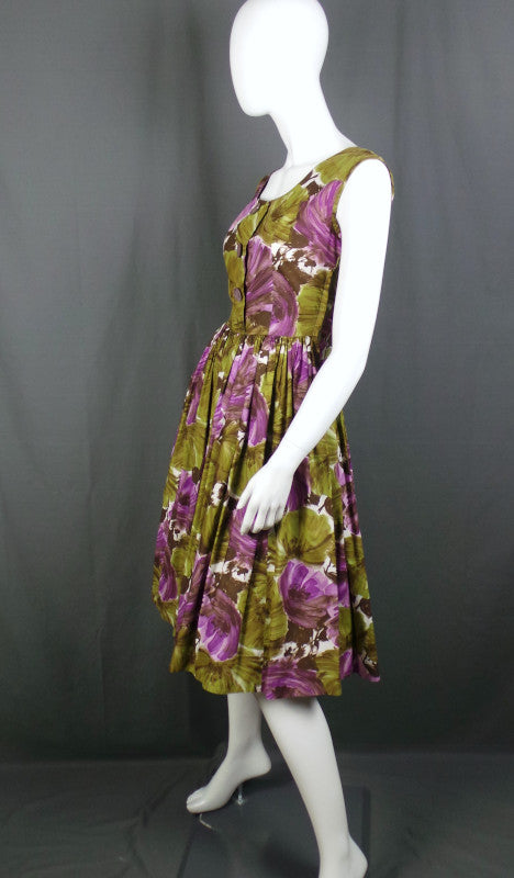 1950s Purple and Green Floral Bow Vintage Dress | Cavendish