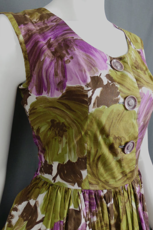 1950s Purple and Green Floral Bow Dress | Cavendish | S