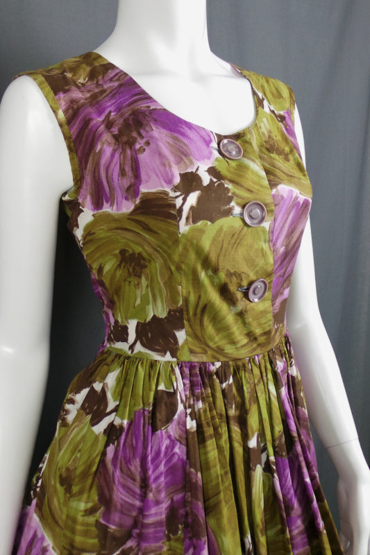 1950s Purple and Green Floral Bow Dress | Cavendish | S