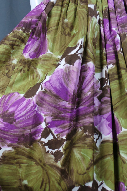 1950s Purple and Green Floral Bow Dress | Cavendish | S