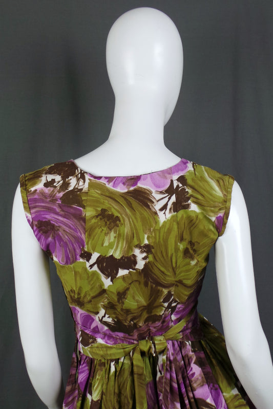 1950s Purple and Green Floral Bow Dress | Cavendish | S