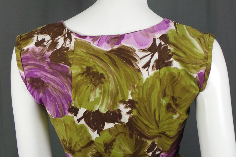 1950s Violet Purple and Sage Green Large Floral Bow Back Dress, by Cavendish, 36in Bust