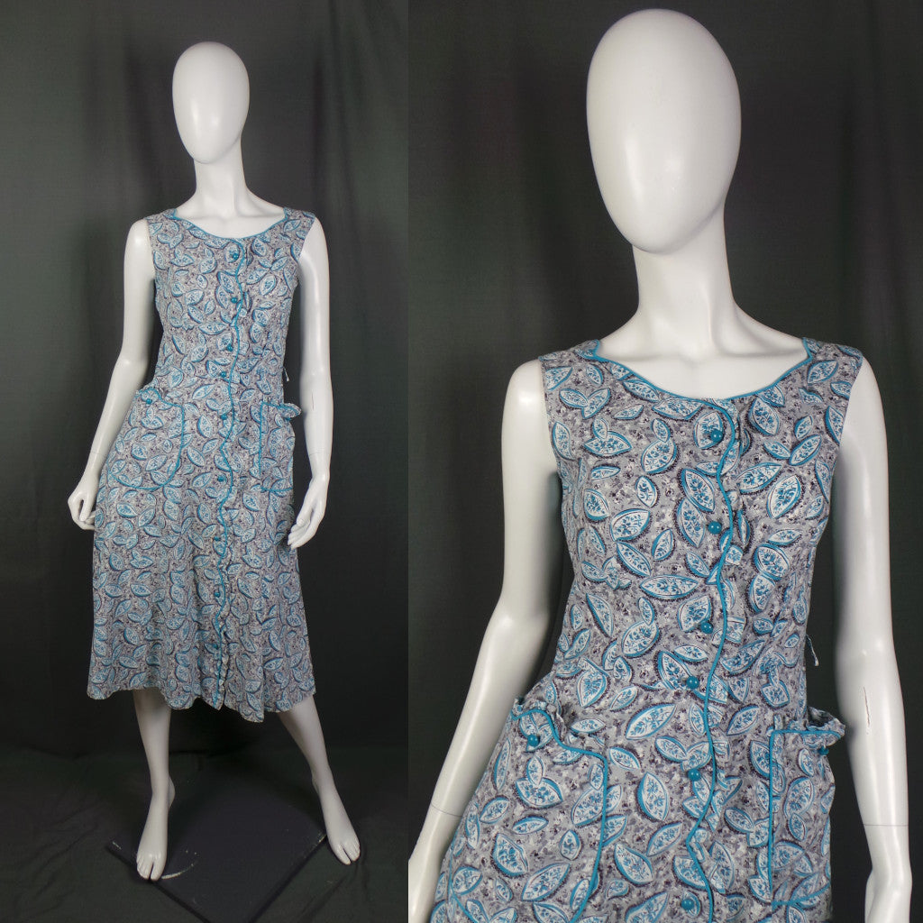 1940s Blue Grey Scalloped Sleeveless Vintage Dress | Joyce Lane