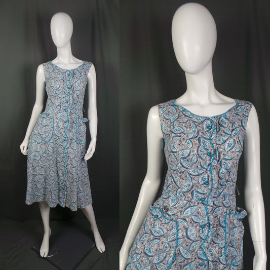1940s Blue and Grey Scalloped Edge Sleeveless Housecoat Dress, by Joyce Lane, 39in Bust