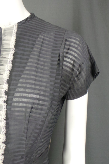 1950s Grey Striped Semi Sheer Cotton Shirtwaister with Removable Frill, by Maybar Jack Equire, 43in Bust