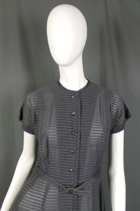1950s Grey Striped Semi Sheer Cotton Shirtwaister with Removable Frill, by Maybar Jack Equire, 43in Bust