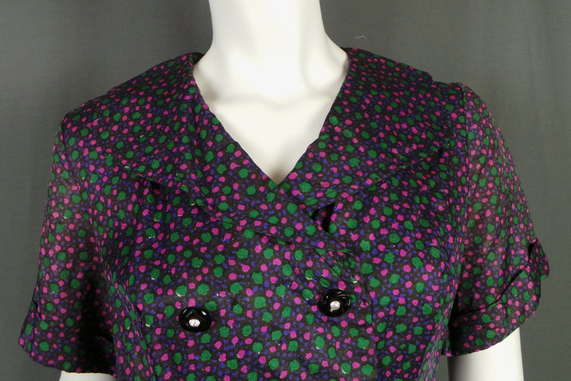 1950s Pink Green Spot Double Breasted Dress | ILGWU | L