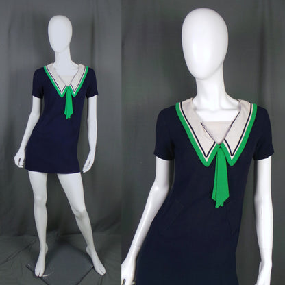1960s Navy and Green Sailor Collar Mini Dress, by Susan Petites, 36in Bust