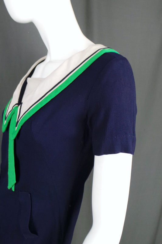 1960s Navy and Green Sailor Collar Mini Dress, by Susan Petites, 36in Bust